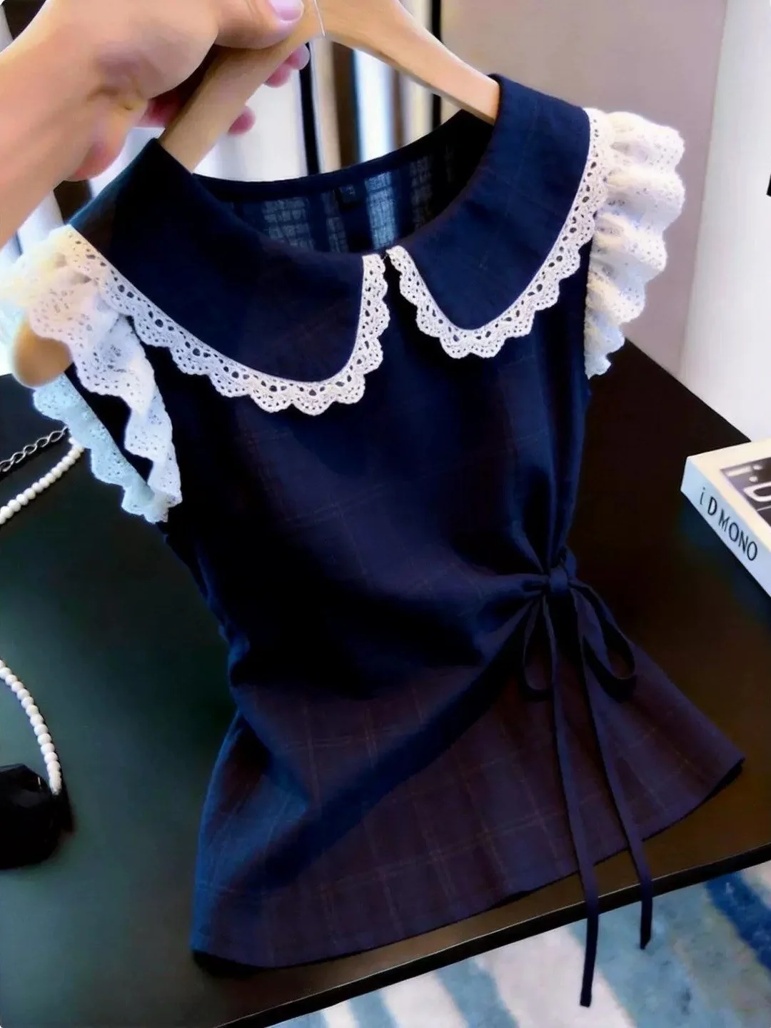 

Elegant Doll Collar Lace Splice Short Sleeve Shirt Women's Sweet Waist Cinching Versatile Top Korean Style Straight Cut Silk
