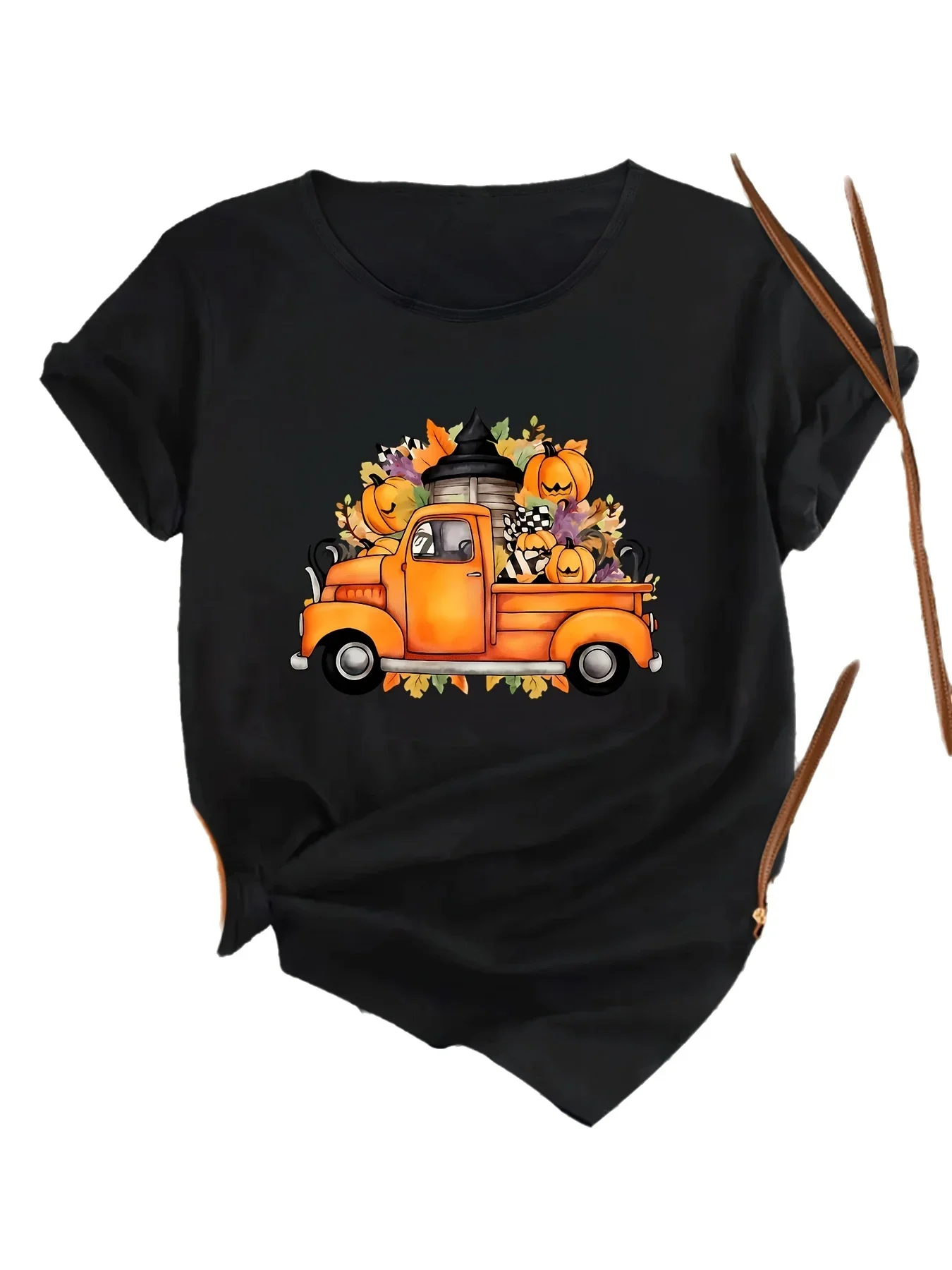 

Plus - Size Black Round Neck T - Shirt with Halloween - themed Pickup Truck Print: Festive - spooky and Autumn - inspired