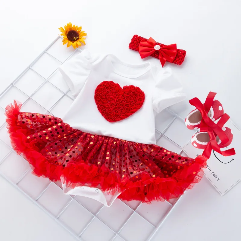 Summer New Baby Mother's Day Short Sleeve Sequin Mesh Romper Dress Heart Dress Baby Shoes Three-Piece Set