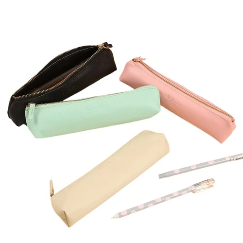 Imagen 2 del producto Bolsa de lápices de cuero PU portátil, organizador de papelería, bolsa de almacenamiento de bolígrafos, estuche para llaves de lápiz, soporte para auriculares, bolsa