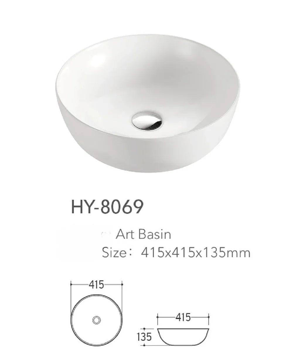 Ceramic Bathroom Bar Vanity Vessel Sinks Above Counter Round Bowl White Countertop Sink Art Basin with Silver Faucet Drain