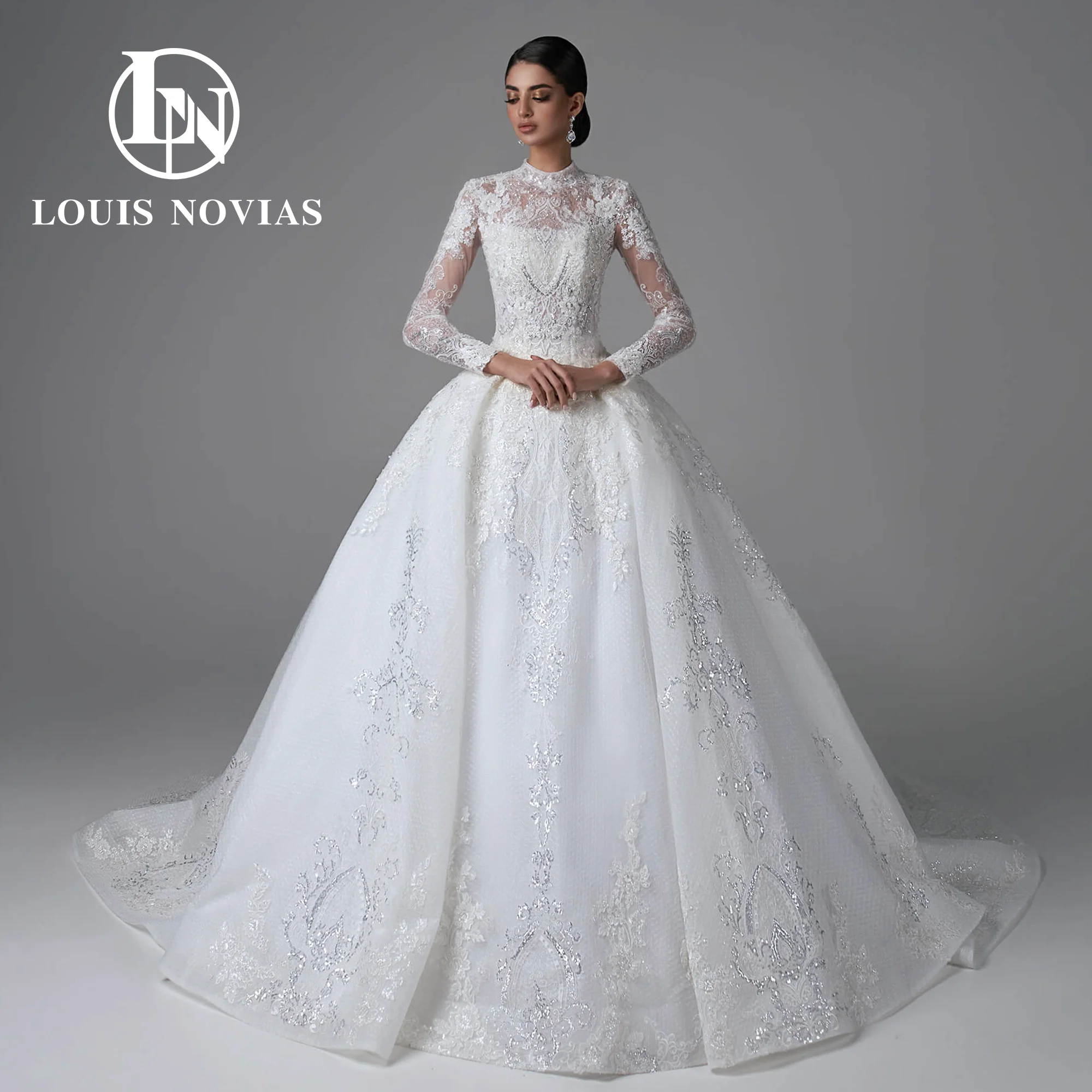 LOUIS NOVIAS Ball Gown Wedding Dresses For Women 2024 Long Sleeve  Sequined Wedding Gown Customized Real photos Vestido De Novia