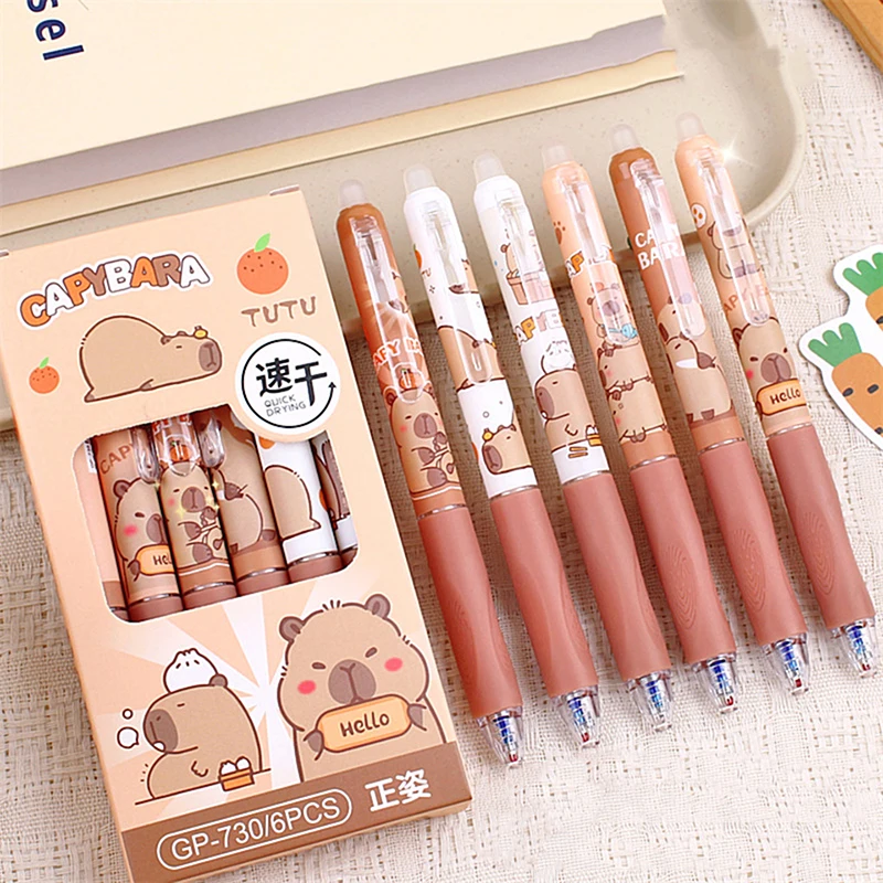 6Pcs Kawaii Capybara ชุดปากกาเจลได้อย่างรวดเร็วแห้ง 0.5 มม.สีฟ้า Erasable ปากกาอุปกรณ์สํานักงานโรงเรียนเครื่องเขียนนักเรียนของขวัญ