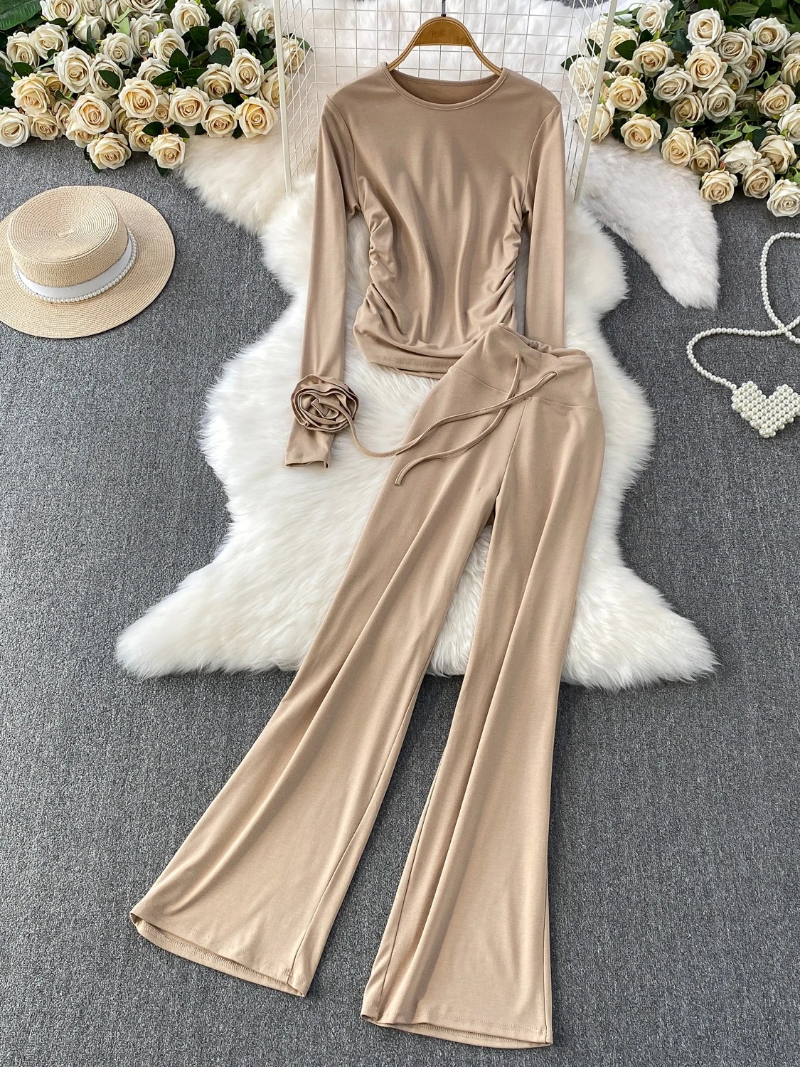 Korean Sle High Waist Wide Leg Pants Two-Piece Set Long Sve T-irt Top Pleated 3D Flower Design Simple Pure Color