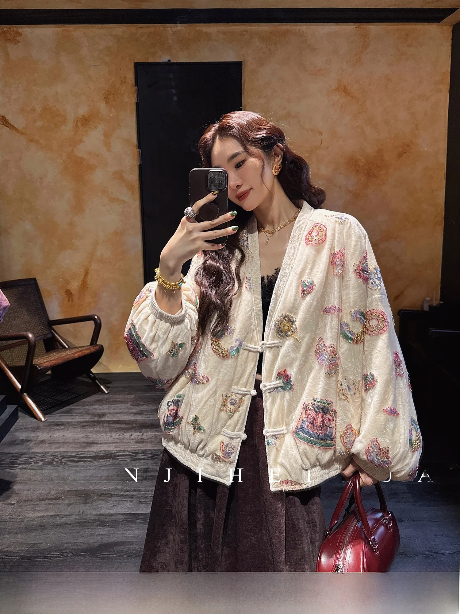 

Sanji Bla Flower New Chinese Sle Embroidered Velvet down Jaet Women's National Faion Winter Outerwear 90 White Du down