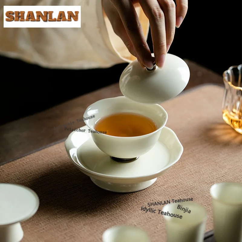 100ml Ding Kiln Porcelain White Lace Gaiwan Zen Tea Tureen Household Tea Bowl With Lid Kit Tea Making Cover Bowl Teaset Supplies