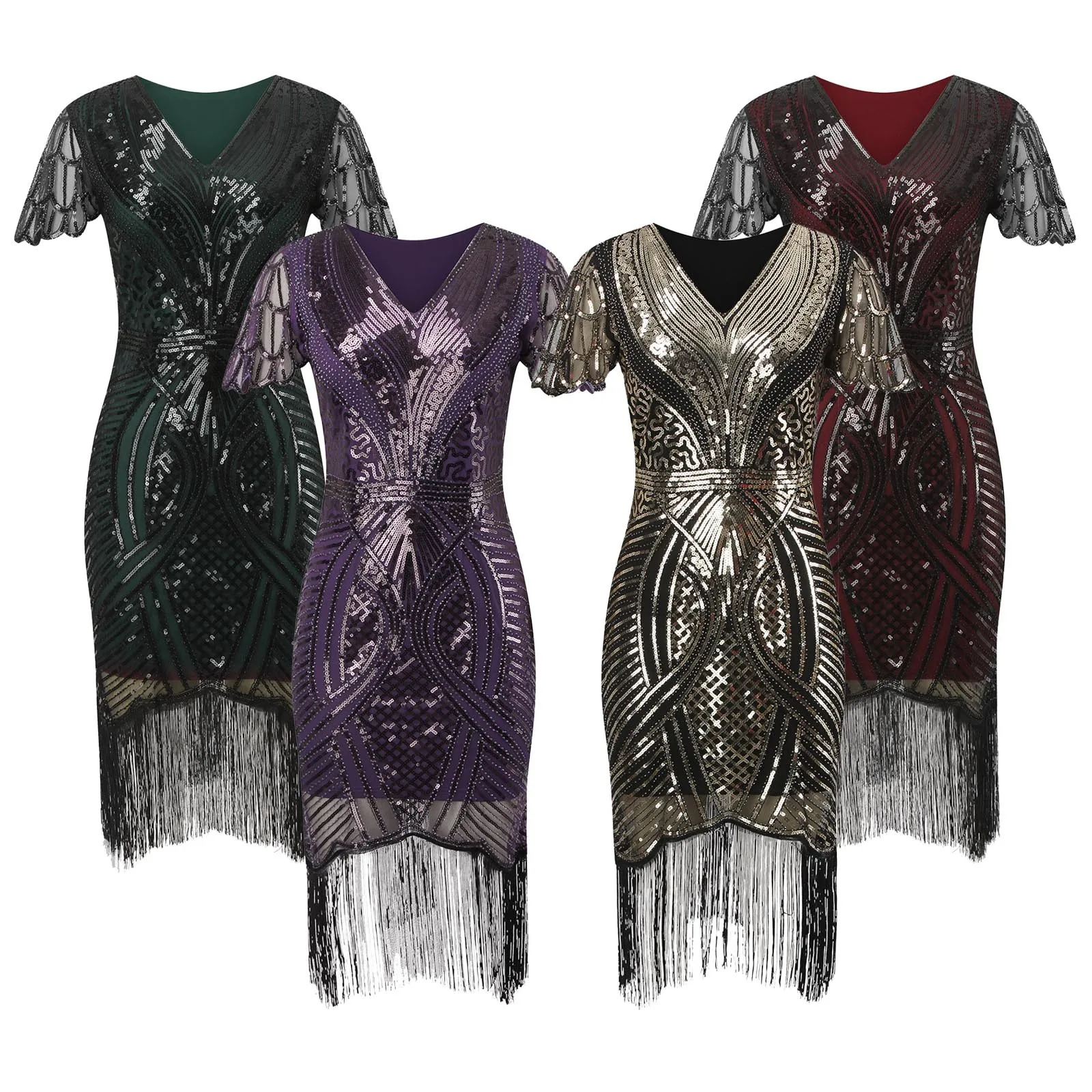 1920s Vintage Great Gatsby Dress Flapper Party Dress Women Tassels Hem Beaded Sequin Dresses Evening Cocktail Dress Elegant Robe