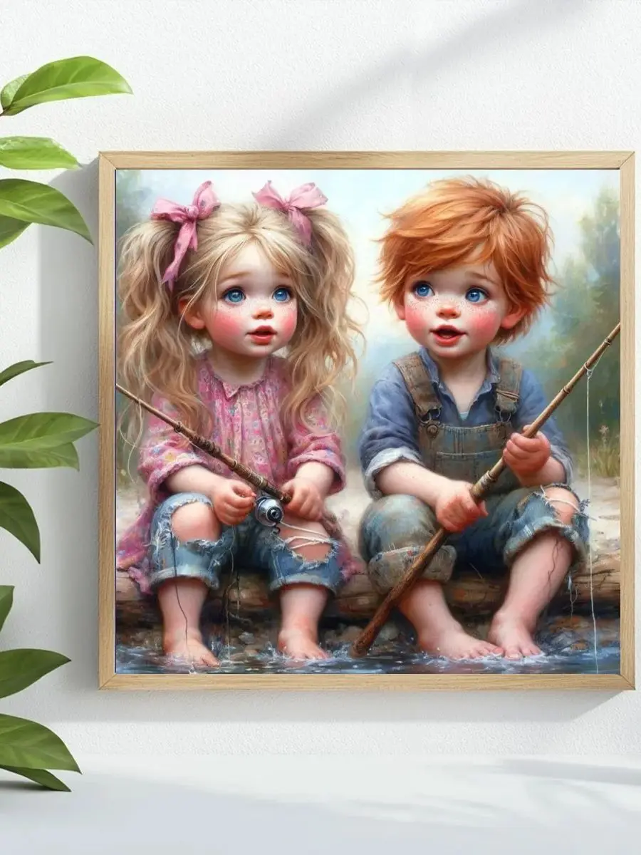 1 Stück 40x40 cm/15,74 Zoll Kreuzstich-Set „Zwei Kinder beim Angeln“ DIY-Set 11CT/14CT Öko-Baumwollfaden Neuheit Wanddekoration – Detail 1