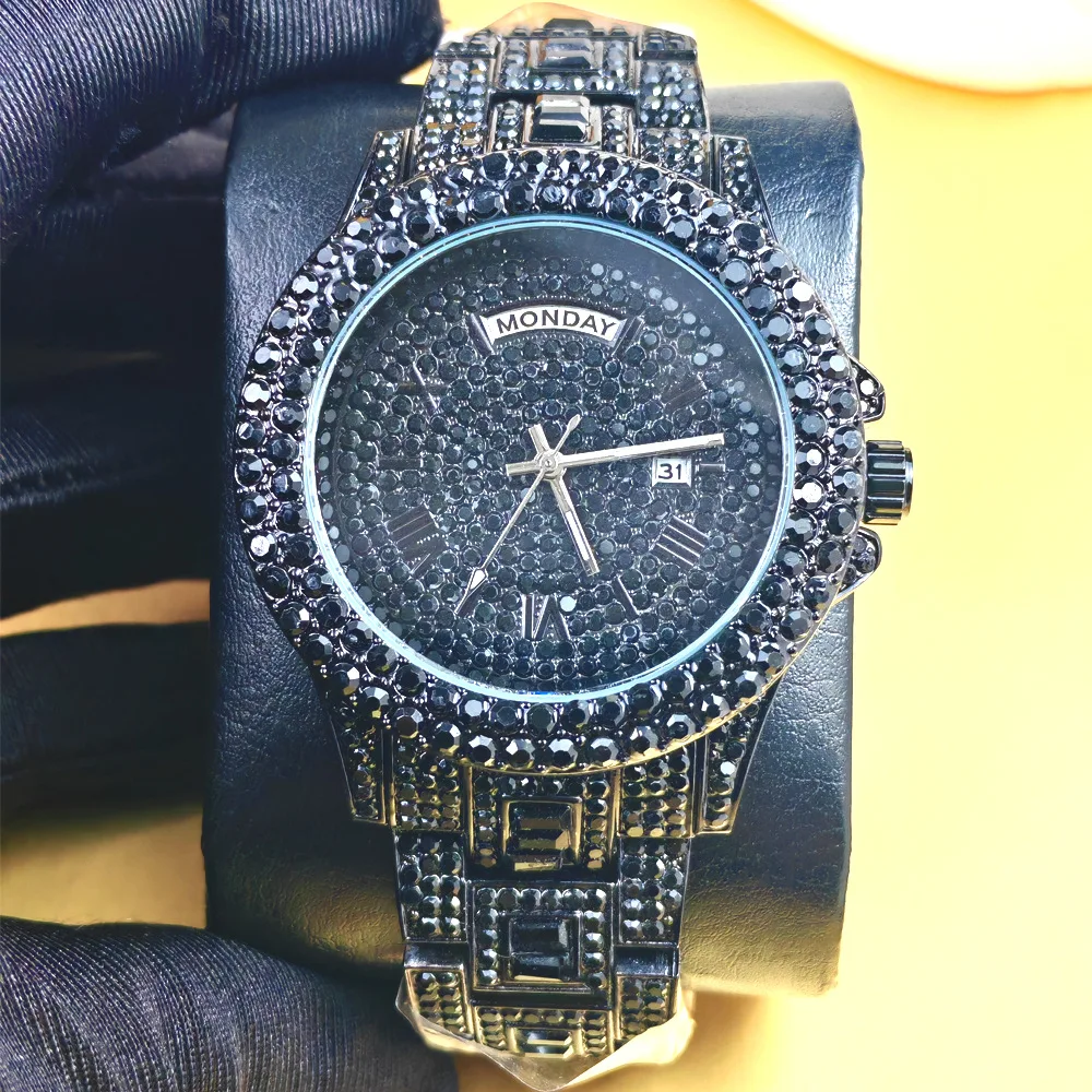 Full Diamond Hot Hip Hop Iced Out Quartz Watch for Mens Brand Fashion Bling Clocks Week Calendar Luxury Wrist Watches Man Reloj