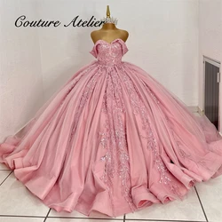 Off The Shoulder Pink Quinceanera Dresses Beaded Sequin Lace Appliques Mexican Cinderella Corset Ball Gown Party Dress Sweet 15