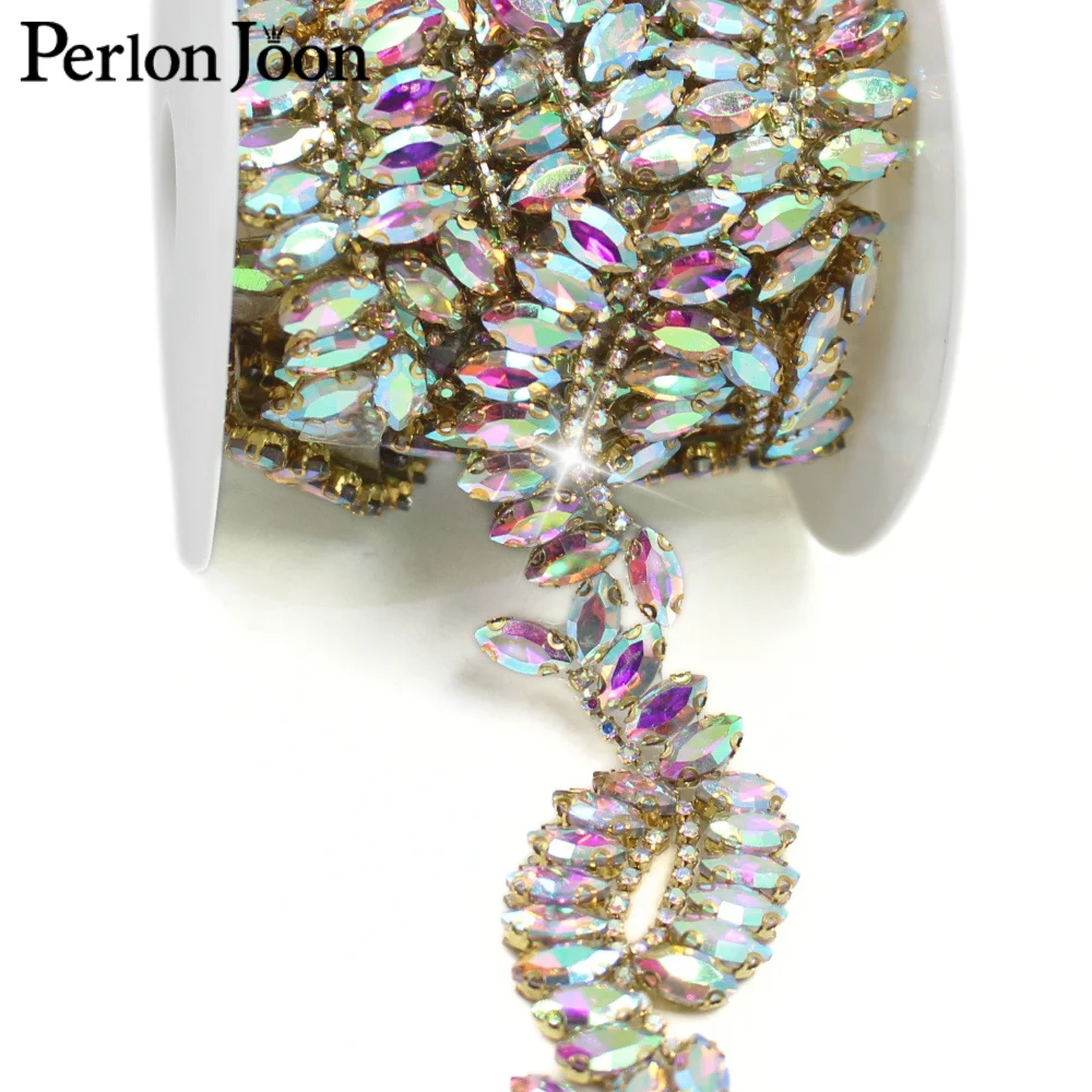 1 ياردة لامعة AB كريستال حجر الراين الزجاج الحديد على الدانتيل سلسلة معدنية فستان الزفاف إكسسوارات الشعر حقيبة الحرفية الديكور TR183