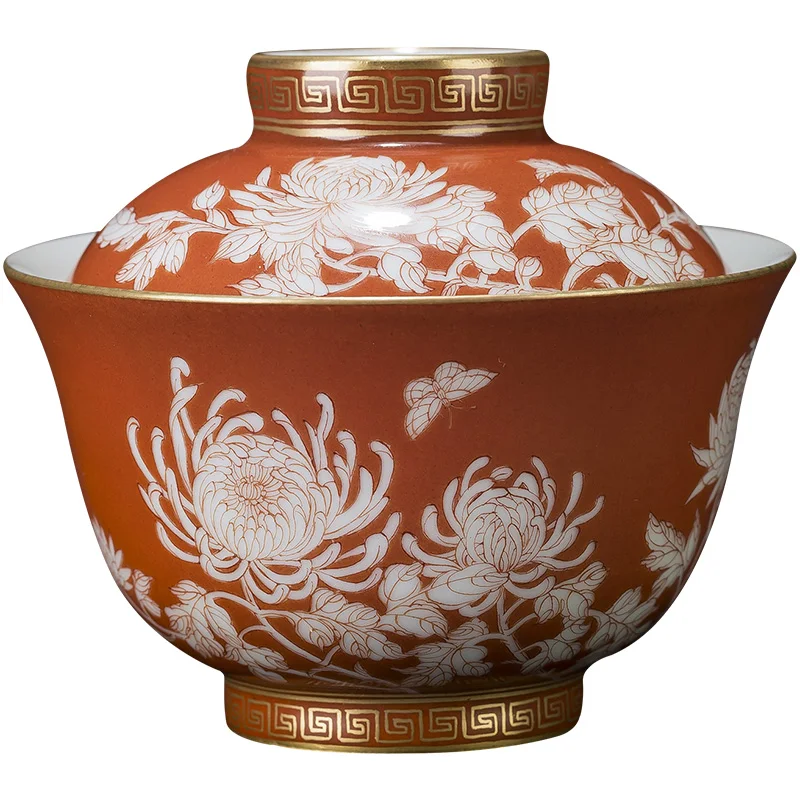 |bowl with alum red painted white flying butterfly Cong chrysanthemum non covered bowl manual Jingdezhen Kung Fu Tea Set