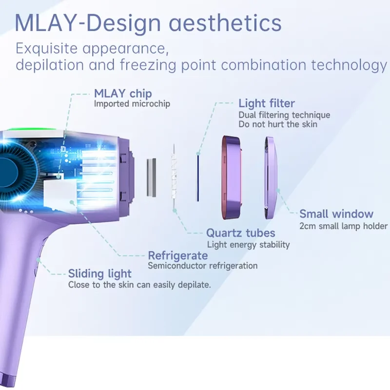 جهاز إزالة الشعر بالليزر MLAY T4، آلة إزالة الشعر الملايو IPL، آلة إزالة الشعر بالليزر الباردة لكامل الجسم، إزالة الشعر IPL غير مؤلمة للنساء