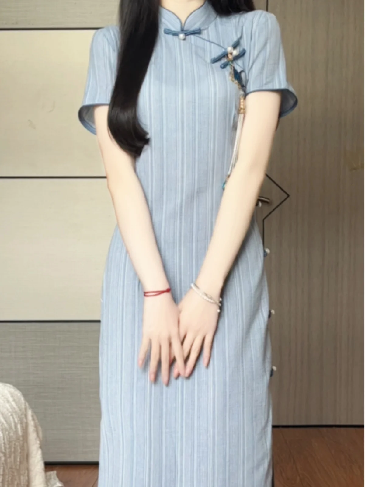 

Daily Wear Reformed Chinese Style Dress Elegant Artistic Retro Striped Polyester Fiber Low Slit Short Sleeve Dress
