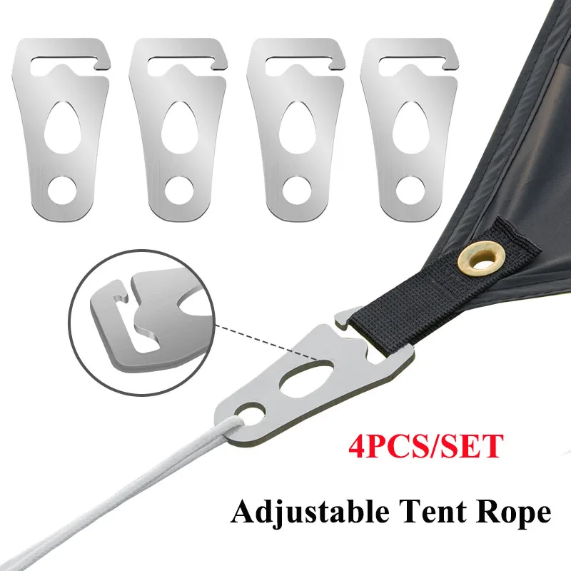 Stainless Steel Adjustable Tent Rope Buckle, Tent Pole Adjuster, Paracord Tensioners, Rope Fastener, Tighten Hook, 4Pcs Set