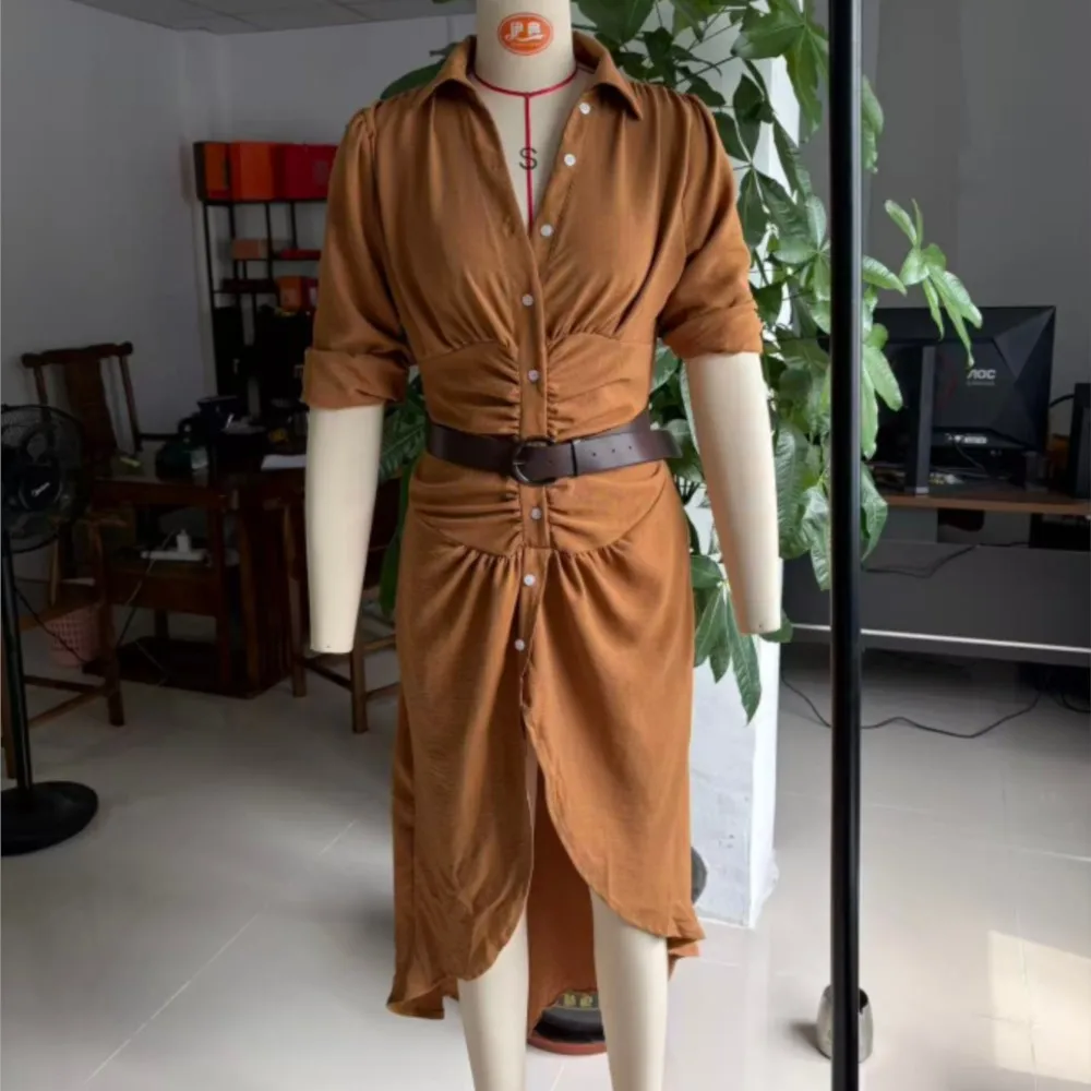 2024 Autumn New Women\'s Clothing Solid Color Fashionable Temperament Long Sleeved Sleeve Lace Up Casual Mid Length Lapel Dress