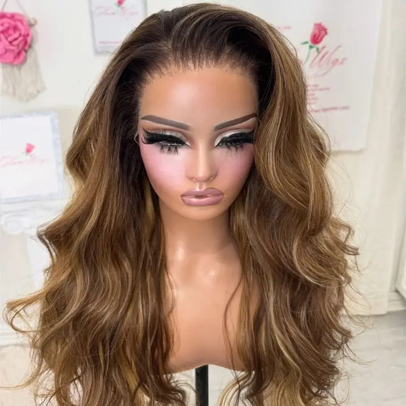 Luxury Women's Wig High Quality Wig Ombre Chestnut Brown Highlights HD Invisible Synthetic Lace Front Wig Soft Long Wave Wig