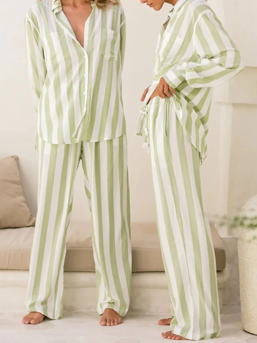 Women’s 2 Piece Pajamas Set Long Sleeve Striped Print Button Down Shirt + Drawstring Long Pants Set Loungewear Leisure Style