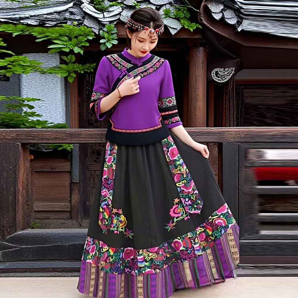 

Новая черная хлопково-льняная одежда с вышивкой в этническом стиле Мяо для традиционных выступлений и фотосессий, женская одежда для меньшинств, Гуанси Чжуан