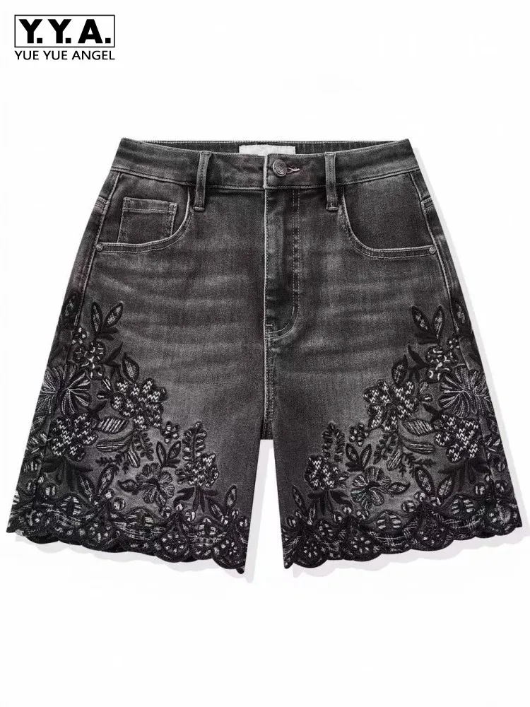 High Quality Women Summer Vintage Floral Embroidery Denim Shorts Handmade Retro Style Jeans Casual Streetwear Comfortable Shorts