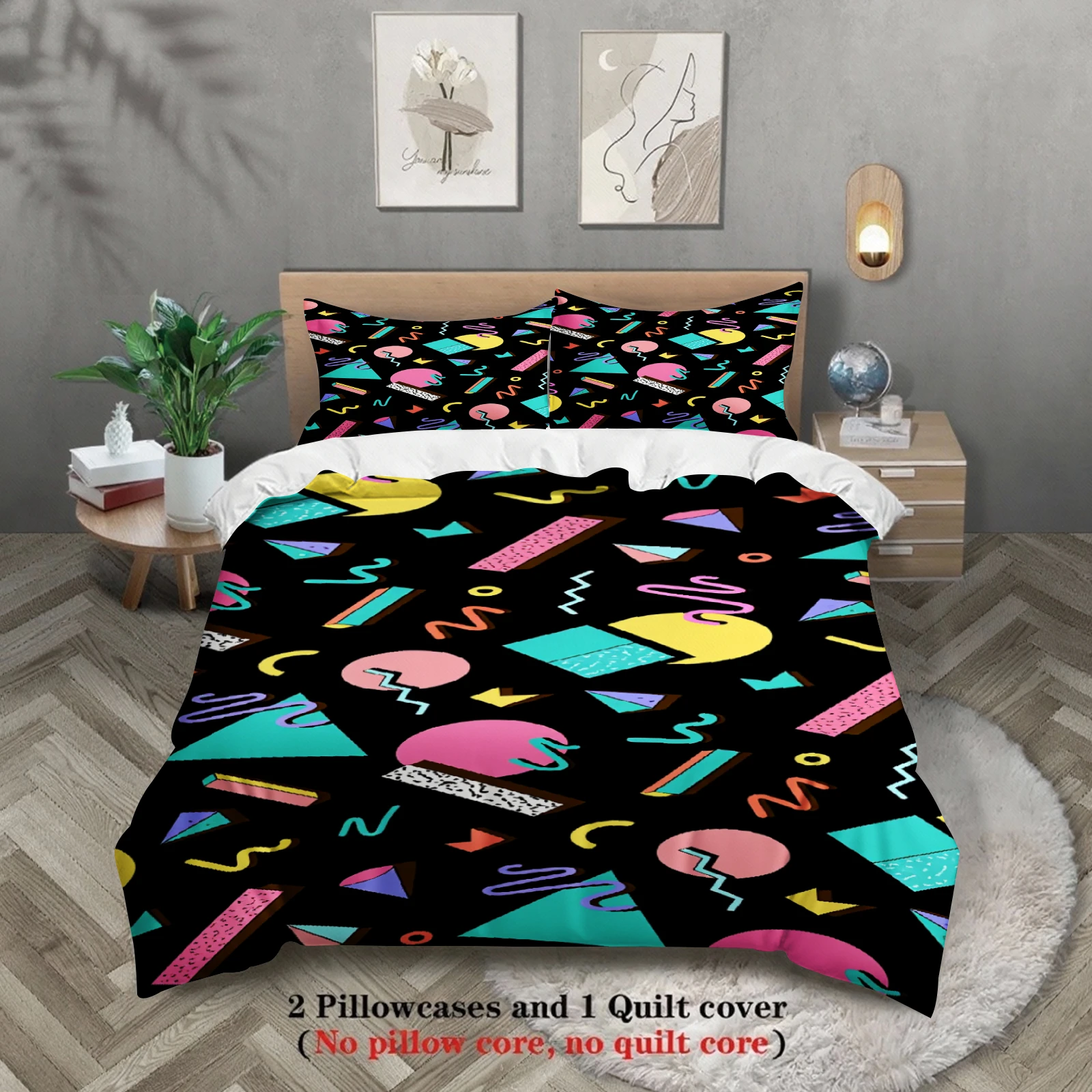 Neon Color Geometric Blocks Lines Bedding Set 3PCS Duvet Cover No Insert Black Background Queen Size Retro Style Room Decor