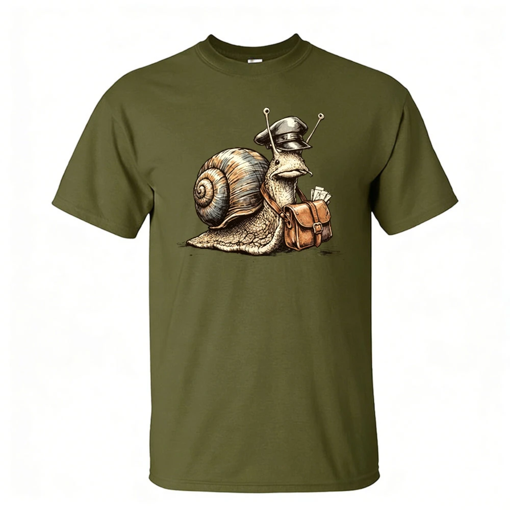 Postman Snail Vintage Sketch Mail Bag Cartoon Men Summer Cotton T Shirt Funny Animal Retro Trendy Street Top view 6