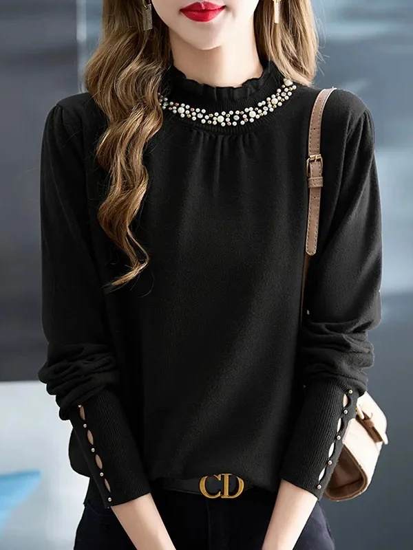 

Outlet Store Women's Knitted Lace Trim f High Collar Sweater Base irt Casual Sle Long Sve Fine Gauge Wool Blend