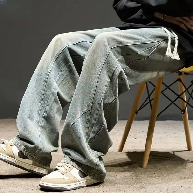 

Retro Blue Wide Blade Jeans Men Women Autumn Splicing Design American High Street Wide Cotton Polyester Straight Tube Jeans