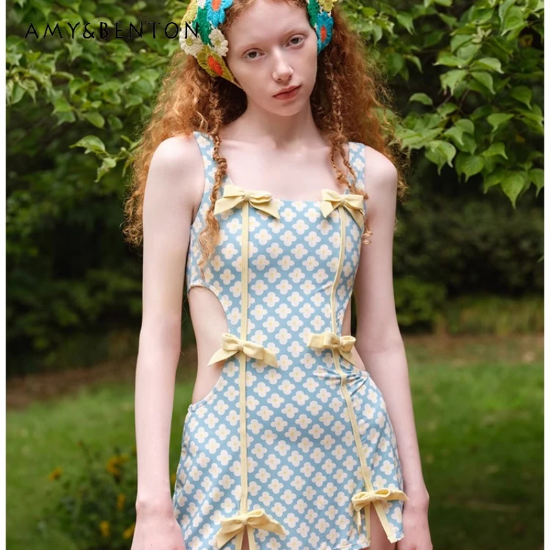 

New American Retro Style One-piece Swimsuit Blue Yellow Printed Bow Vest Dress Cute Sweet Beach Spring Lolita Women's Swimwear