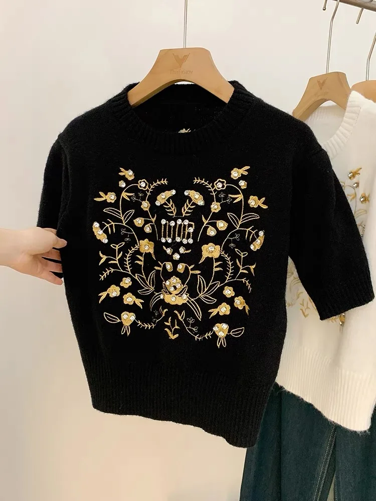 Early Spring Sweater Embroidery Rhinestone Crop Tops Graphic Y2K Women's Clothing Short Sleeve Tees Vintage Luxury Knit Pullover