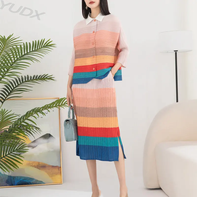 

YUDX Miyake Pleated 2023 Spring Colorful Print Skirt Women Two-piece Fashion Loose Bat Sleeve Top + Open Mid-length Half Skirt