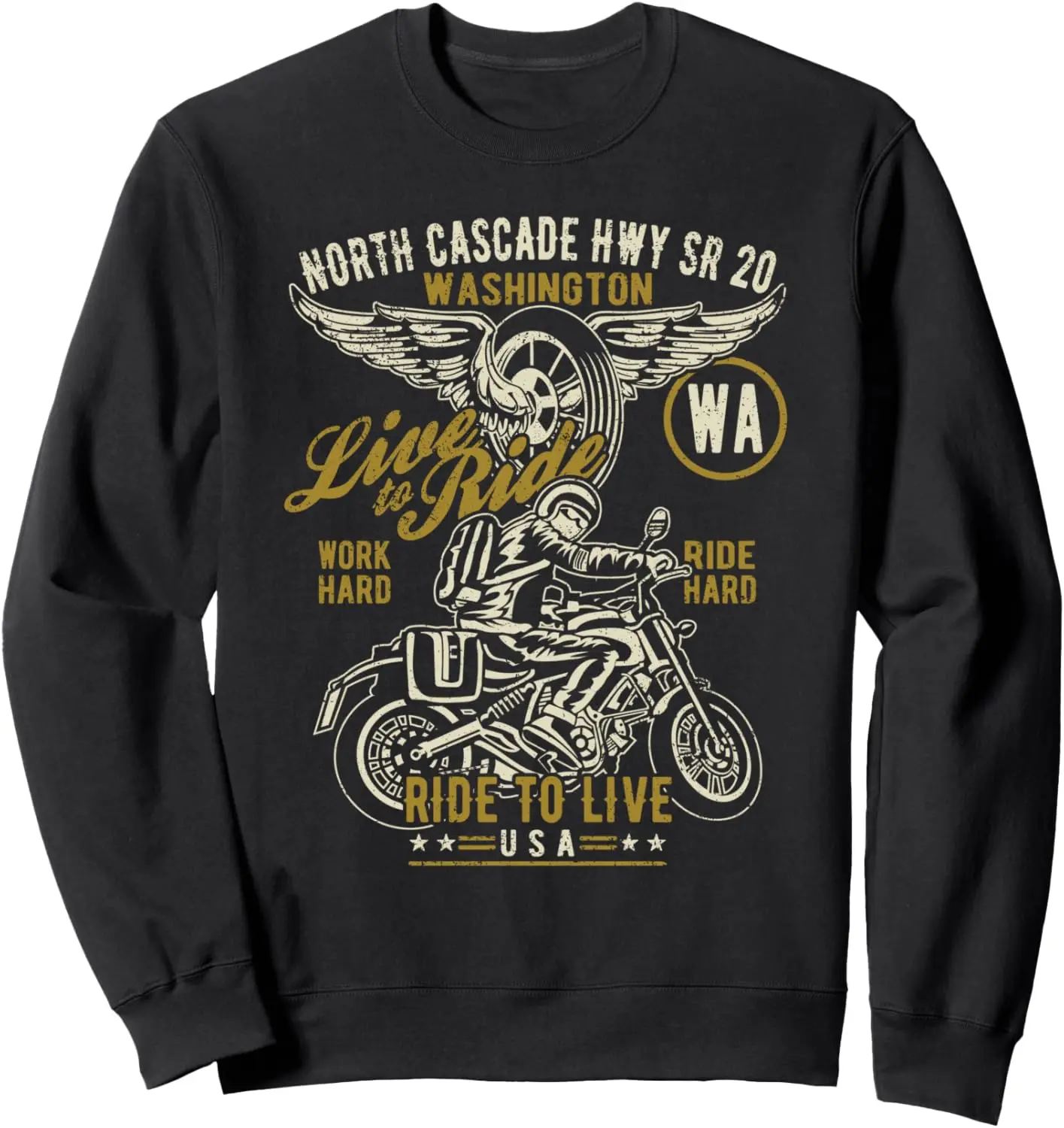 Felpa dal design invecchiato per motociclisti North Cascade Hwy SR 20 WA USA