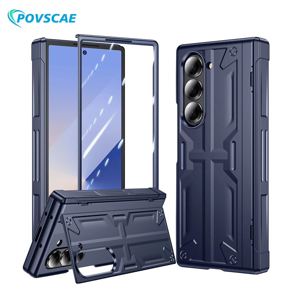 

Shockproof Shield Phone Case For Samsung Galaxy Z Fold 6 Hinge Full-coverage Protection Armor Case With Kistand Screen Protector