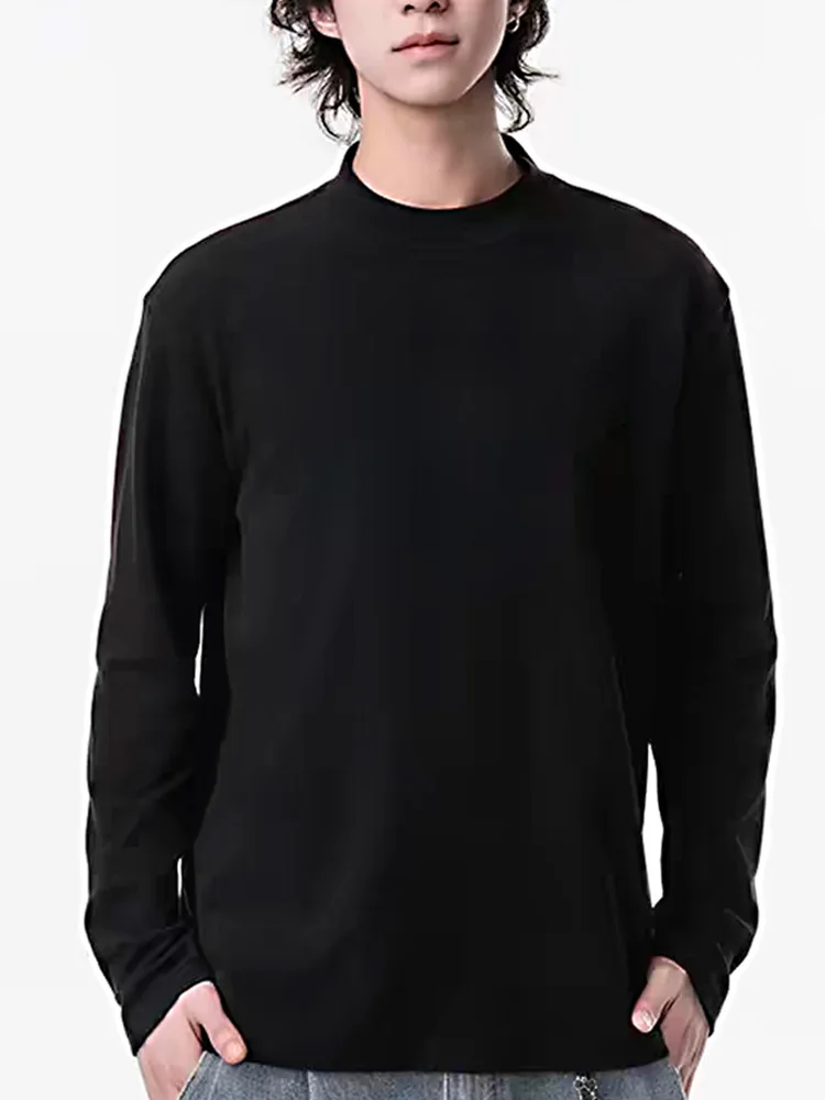 Men's Fleece-Lined Inner Double-Sided Polar Wool Top New Autumn Winter Long Sleeve T-Shirt Half high collar Neck Warm Men's Tee