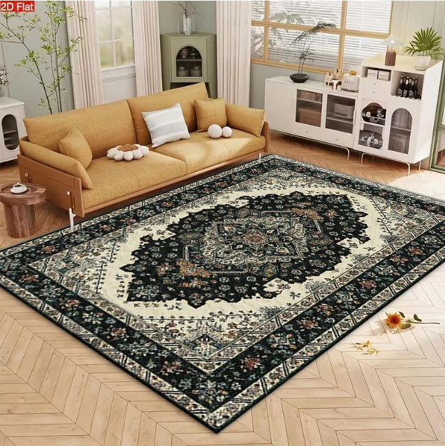 Classic Dark-Colored Medal Pattern Retro Oriental Style Carpet, Black Cream Floral Non-Slip Carpet Mat Suitable for Living Room, Bedroom, Home Decoration