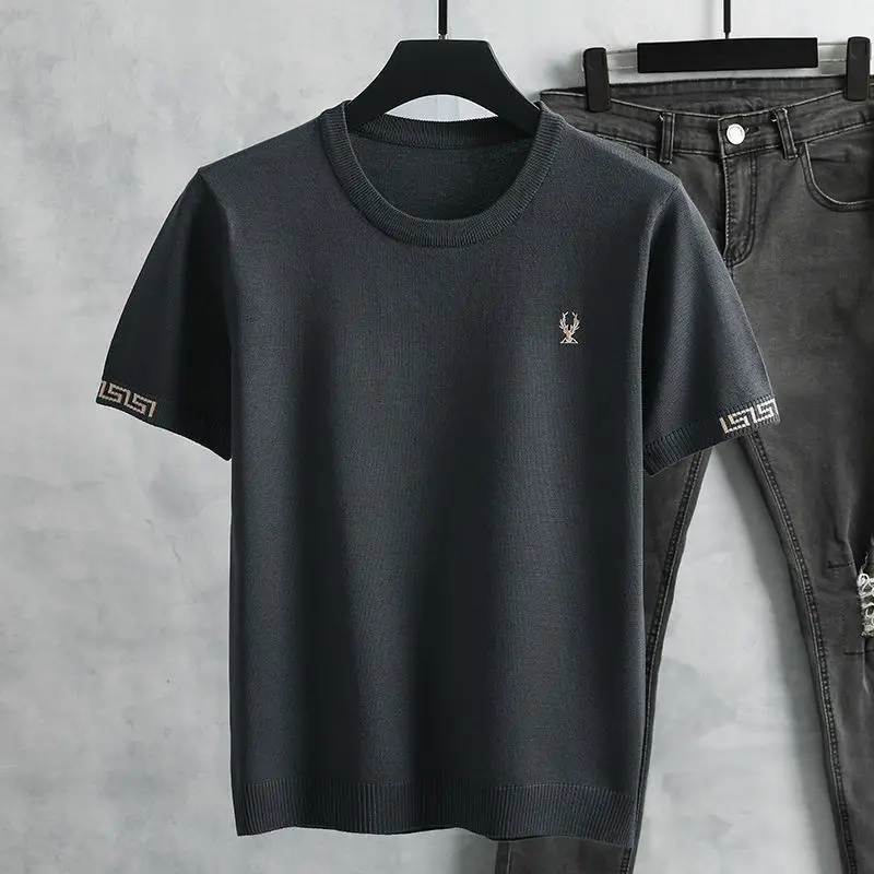 Luxury Summer Men's Clothing Embroidery Knitted Sweater O-neck Short Sleeve Tops Business Casual Brand Pullover Knitwear Trendy