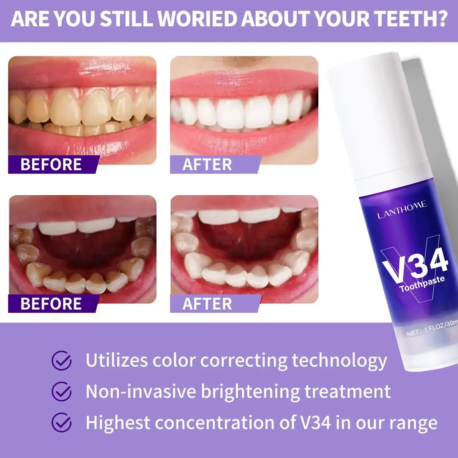 V34 Teeth Whitening Toothpaste Remove Plaque Coffee Stains Cleaning Oral Hygiene Bleaching Dental Tools Fresh Breath Tooth Care