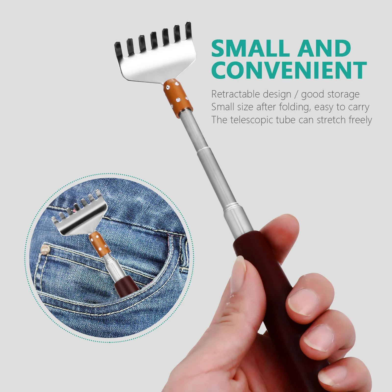 Back Scratcher Telescoping Extendable Long Wooden Handle Itch Relief Massager Tool Stainless Steel Body Scratcher Retractable view 3