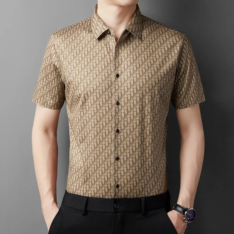 2024 Summer New Men\'s Business Casual Printed Short Sleeved Shirt Fashion Comfortable Wrinkle Resistant Top