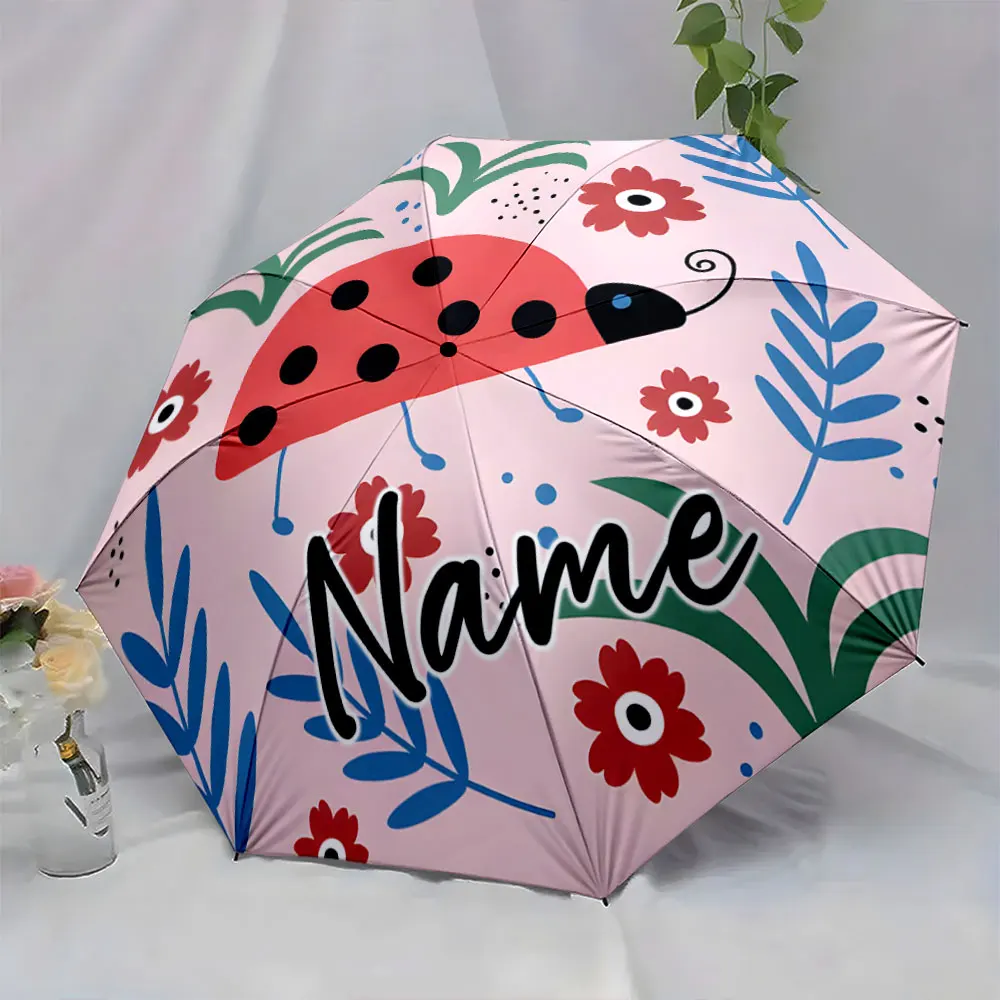 Custom Name Colorful Ladybug and Floral Pattern Umbrella Design Print 8 Iron Ribs Folding Umbrella Auto-Open Fashion Sunshade
