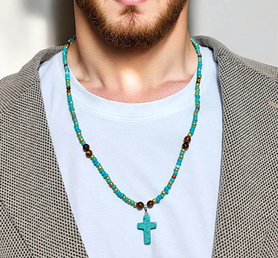 

Ethnic INS Turquoise Cross Pendant Necklace for Men Fashion Handmade Beads Beaded Necklace Accessories Jewelry Boyfriend Gifts
