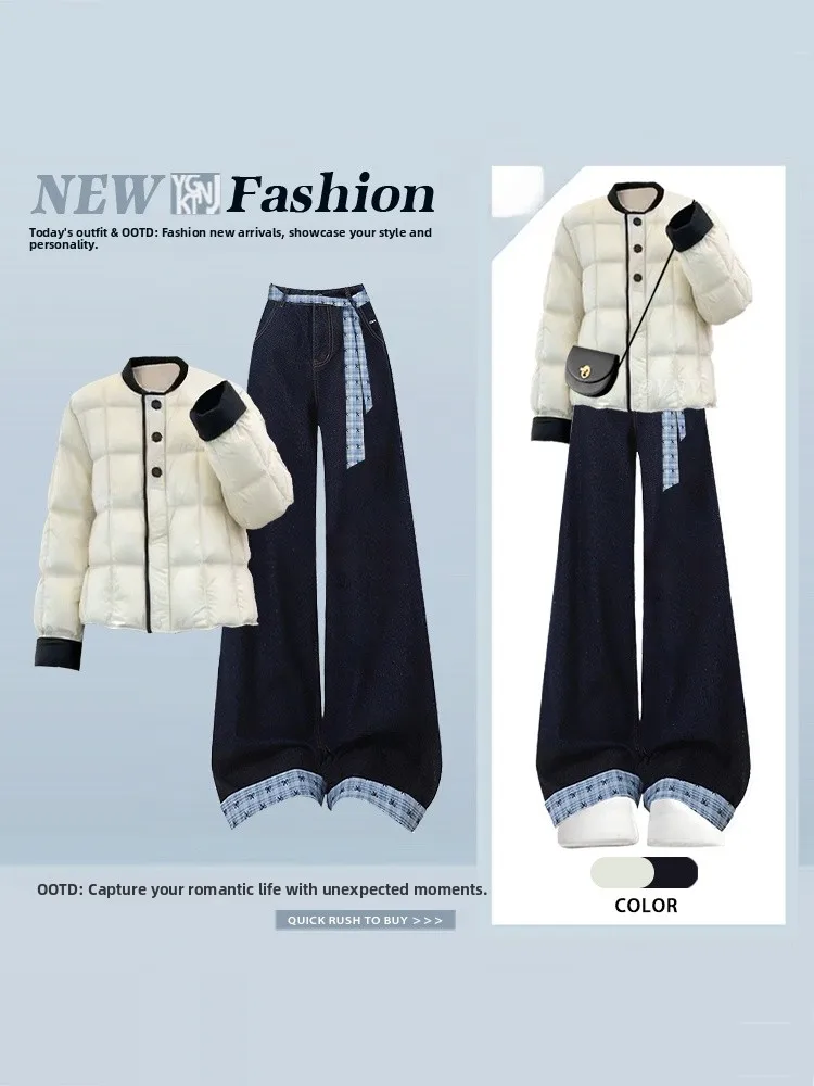 

Winter Warm Retro Cotton Jaet High Waist Wide Leg Jeans Two Piece Set Women's Faion Thiened Long Sve round Ne Top