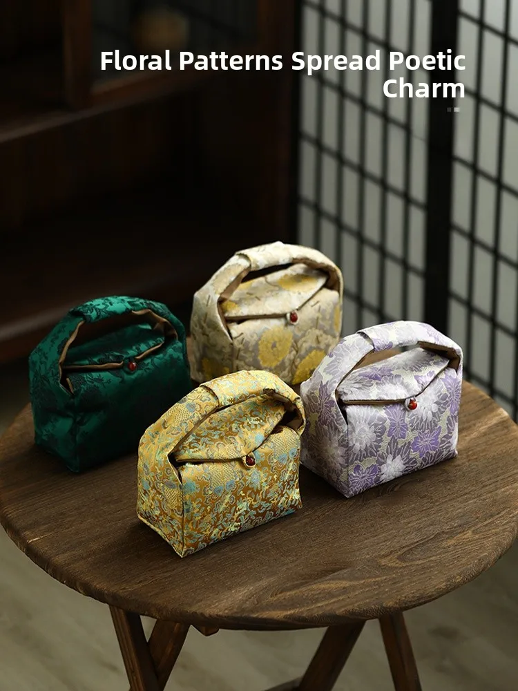 

Портативная дорожная сумка для чайного набора на шесть дней, с вышивкой бамбуковыми цветами, в китайском стиле, для дома и улицы, ручная сумка-тоут, тканевая сумка для чая