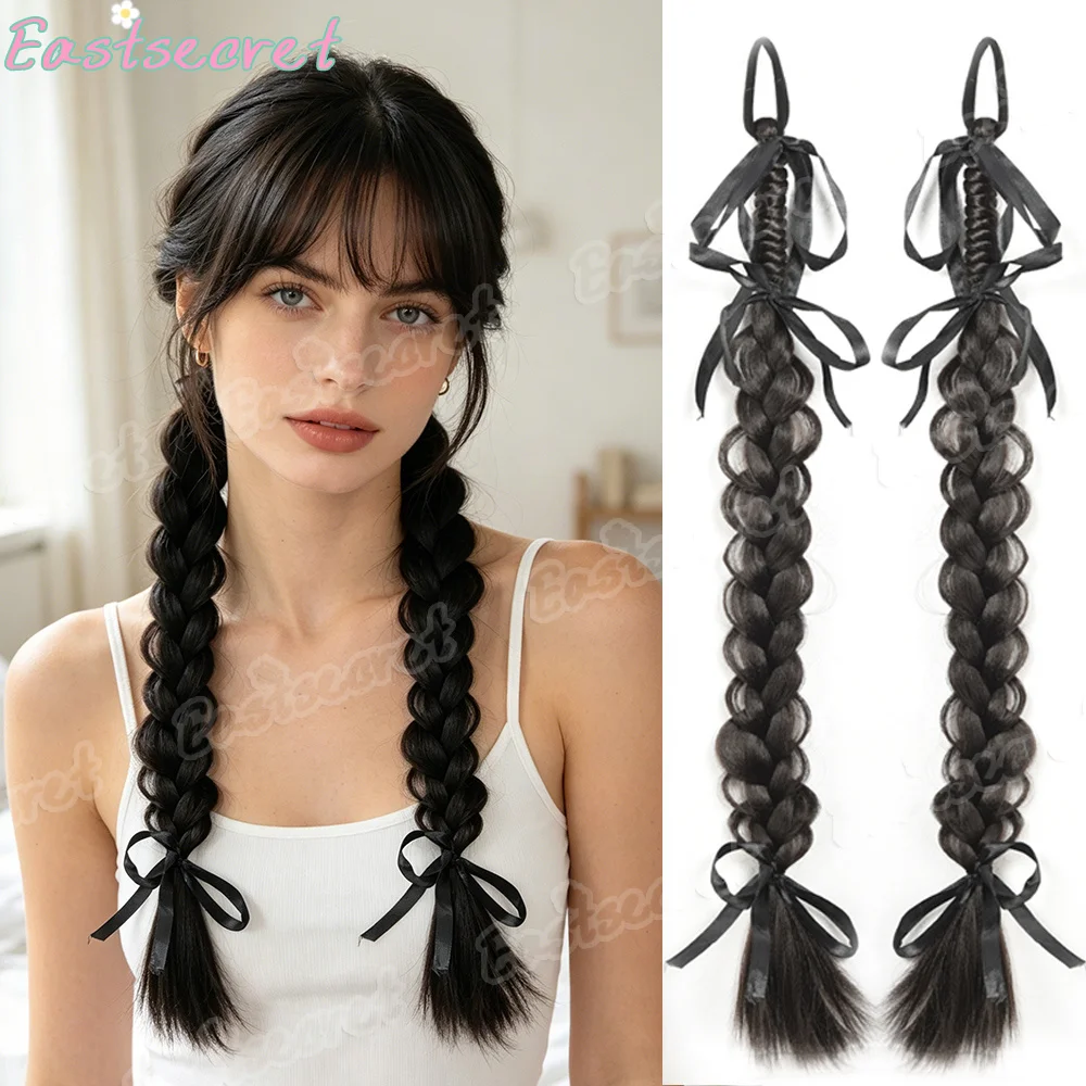 EAST Double ponytail Ribbon Bow Long Twists Braid Fish bone Braid Twisted Braid Wig Ribbon Synthetic Hair Ornament Girl