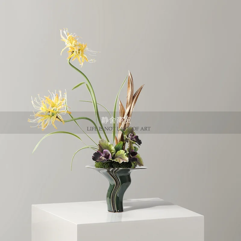 

DSA new Chinese green ceramic vase flower arrangement sales office hotel negotiation table floral decoration