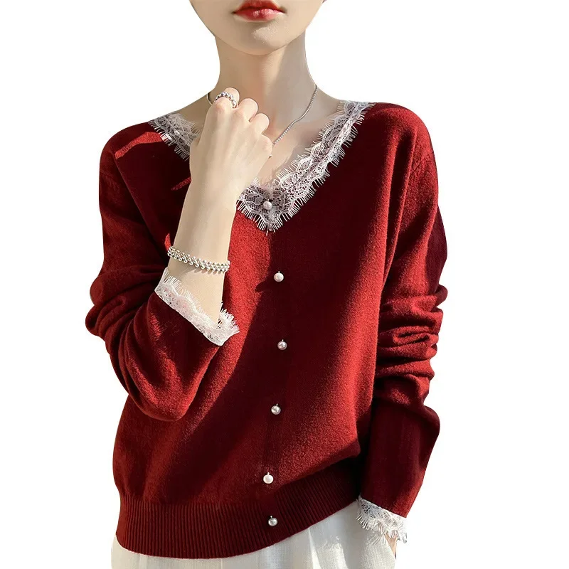 

Women's Autumn and Winter Fashionable Versatile Top Elegant and Chic Long Sleeved Wool Sweater Lace V-Neck Knitted Sweater