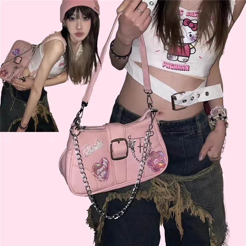 Y2K Spicy Girls Harajuku Women's Gothic Pink Punk One Shoulder Advanced Design Underarm Lolita Chain Design Crossbody Bags Tote