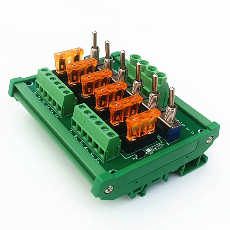 

DIN Rail Mounted 6 Position Fuse Distribution Board with switch and fuse module AC/DC 5-32V.