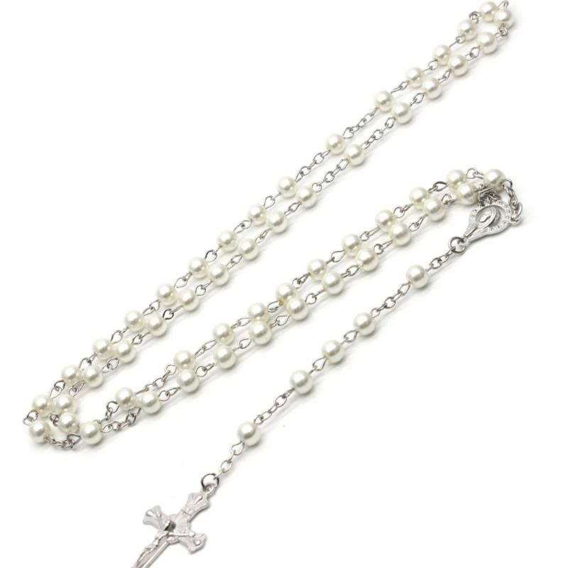 White Pearl-Rosary Beads Catholic Necklace Holy Medal-Cross-Christian Long Chain Necklace for Women and Men Jewelry