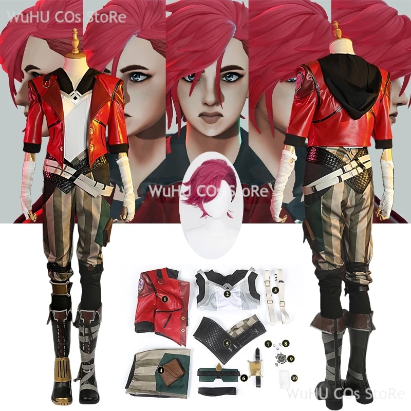 Game LOL Arcane Vi Cosplay Costume Piltover Enforcer Outfit Vi Uniform Wig For Women Halloween Carnival Role Play Props Hot Sale